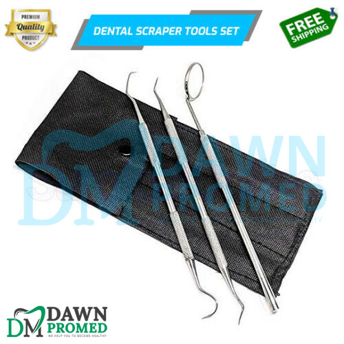 3 Pcs Professional Dental Scraper Tools Set – Dentist Pick, Medical With Pouch