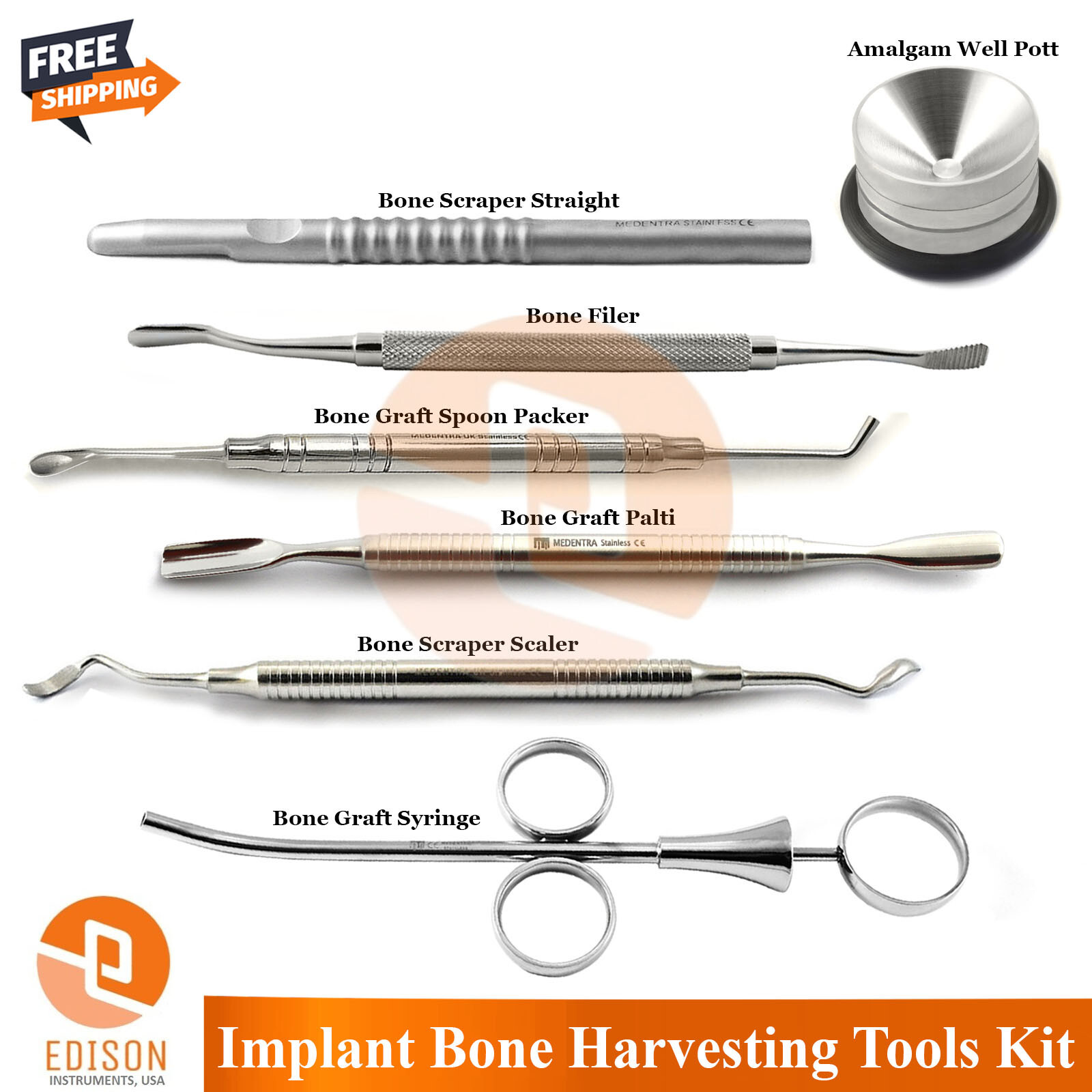 7Pcs Implant Bone Graft Harvesting Kit Dental Surgical Bone Grafting Instruments