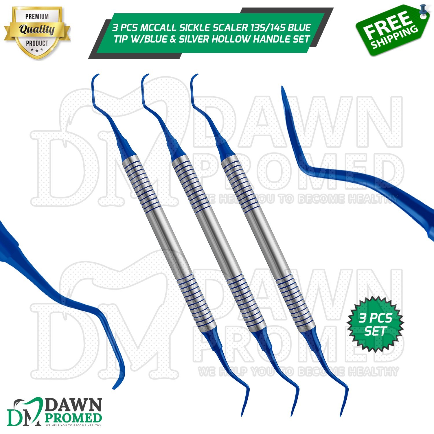 3 Pcs Mccall Sickle Scaler 13S/14S Blue Tip With Blue & Silver Hollow Handle Set