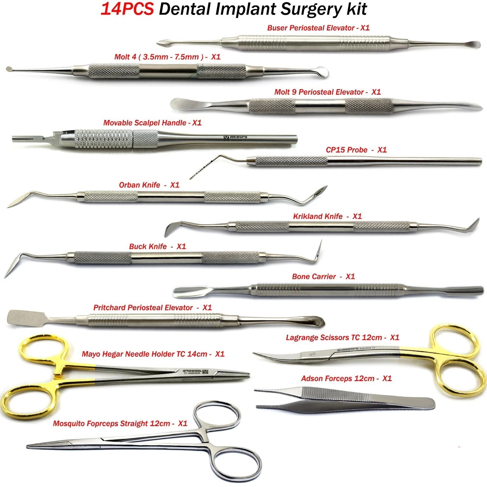 Dental Implant Surgery Kit Periodontal Gingivectomy Knife Probe Curette Forceps
