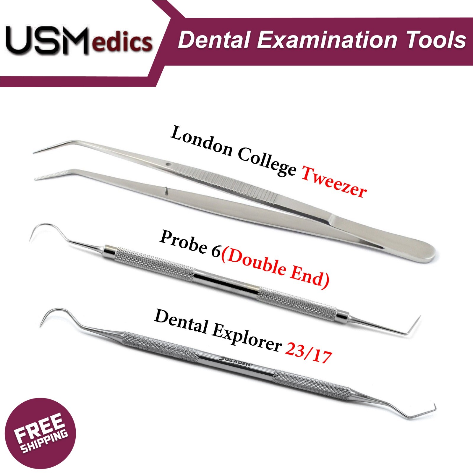 Dental Examination Tools Perio Probe, Explorer 23/17, and London College Tweezer