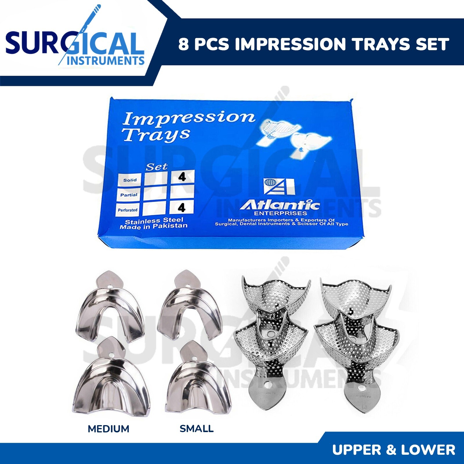 8 Metal Impression Trays 4 Solid & 4 Perforated Upper & Lower Dental Instruments