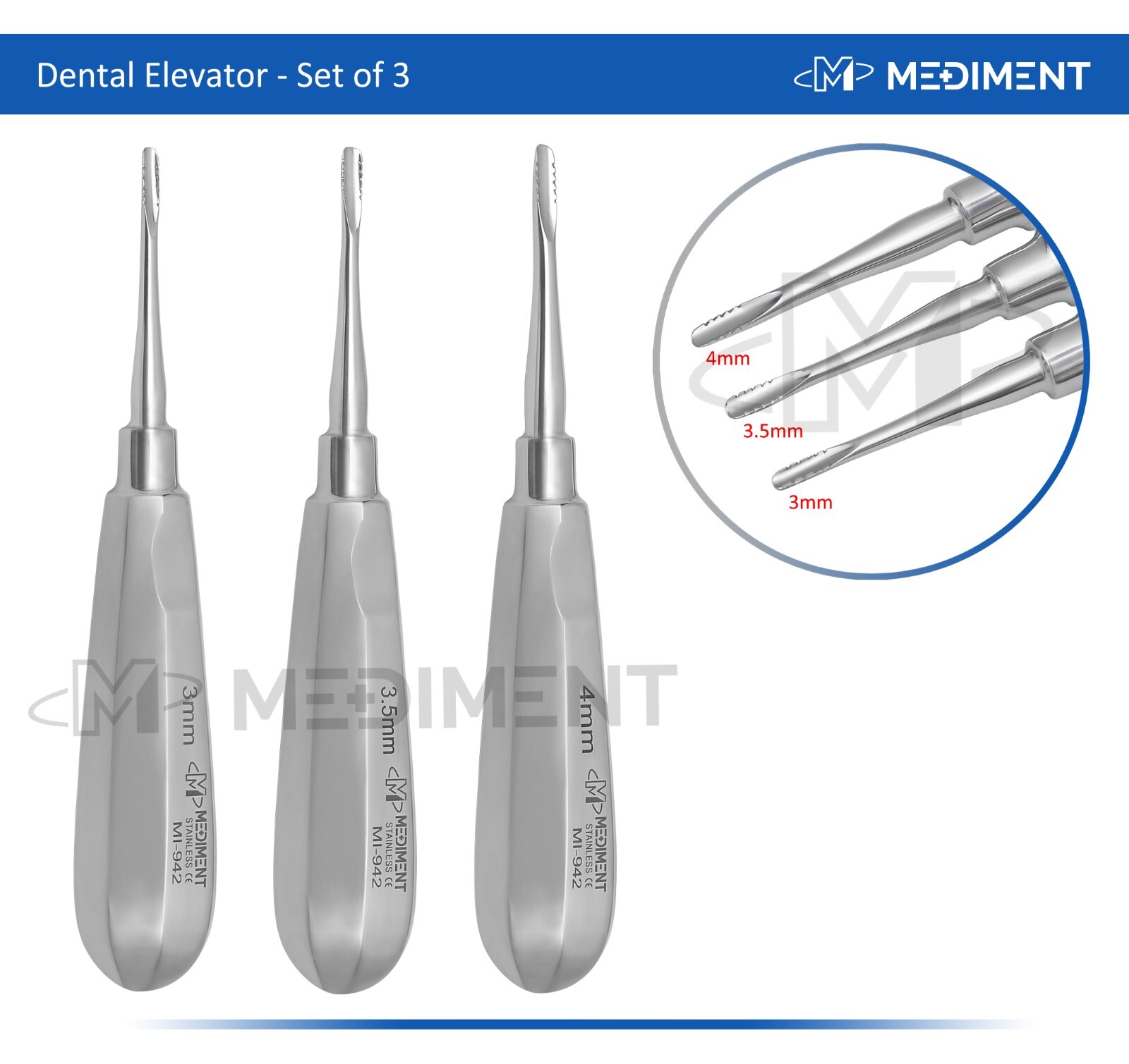 Dental Elevator LUXATING Root Instruments STRAIGHT SERRATED Tip 3mm, 3.5mm, 4mm