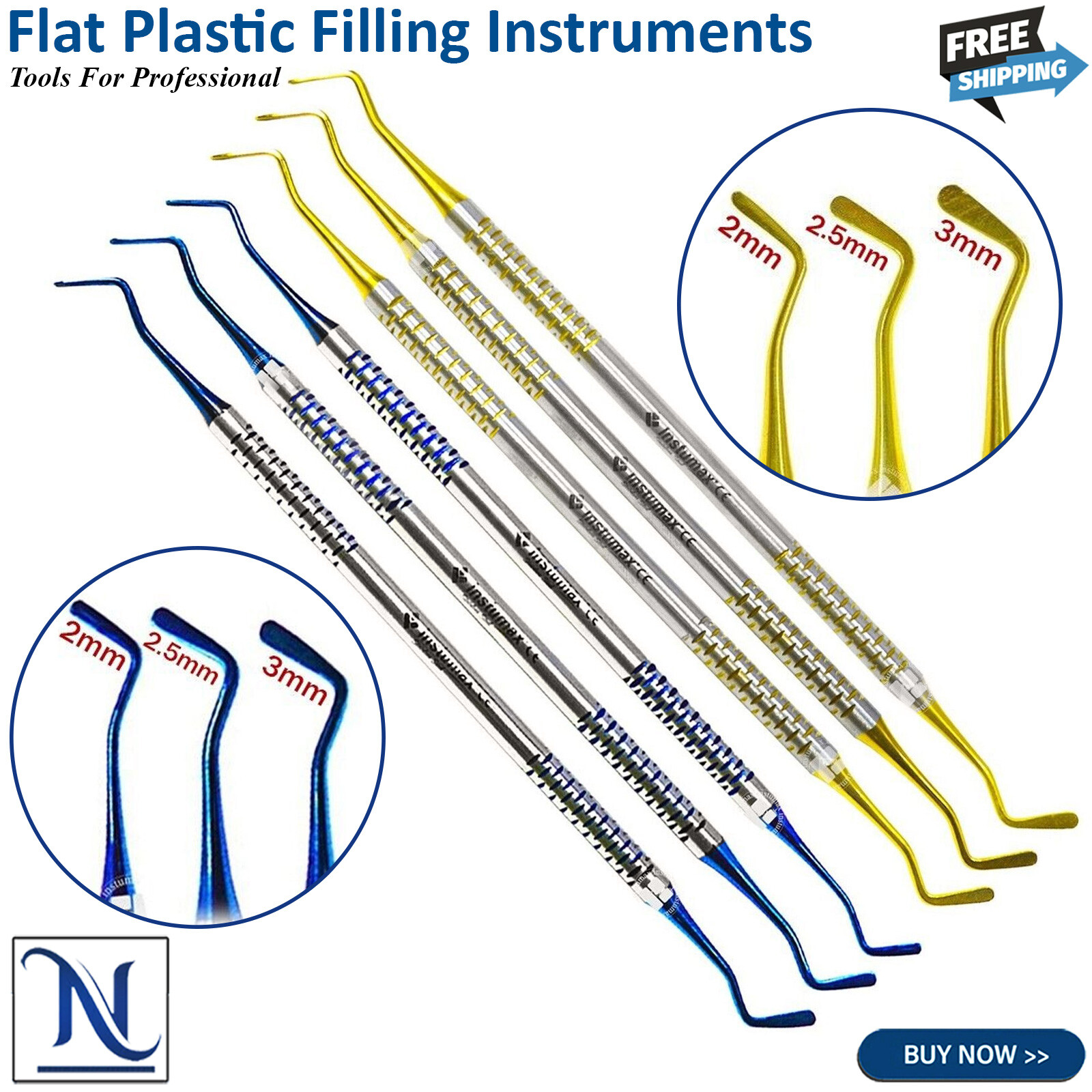 Dental Flat Plastic Composite Filling Instruments Titanium Coated Tips Set of 3