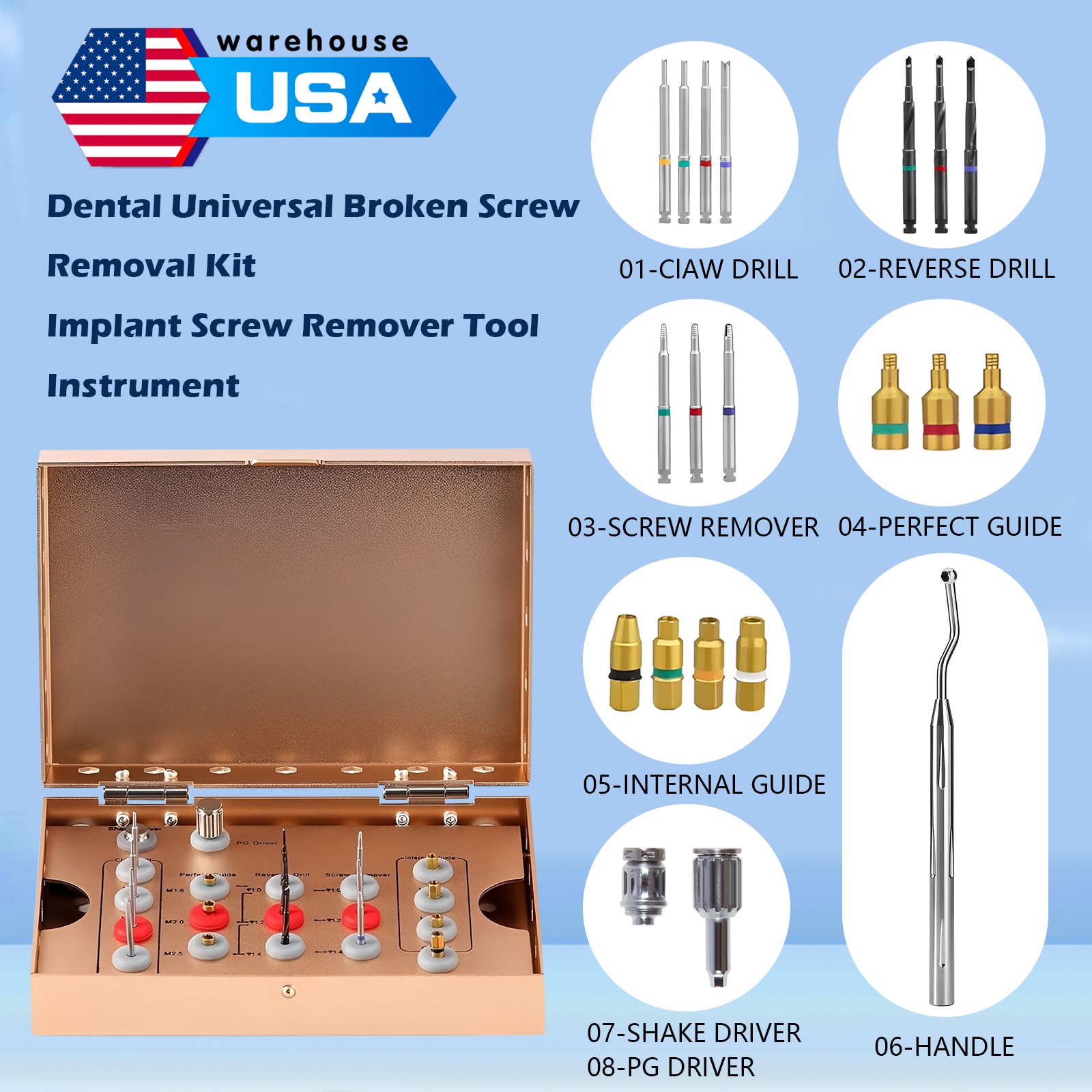 Dental Universal Implant Removal Kit Golden Box Broken Screws Extract Tool Set