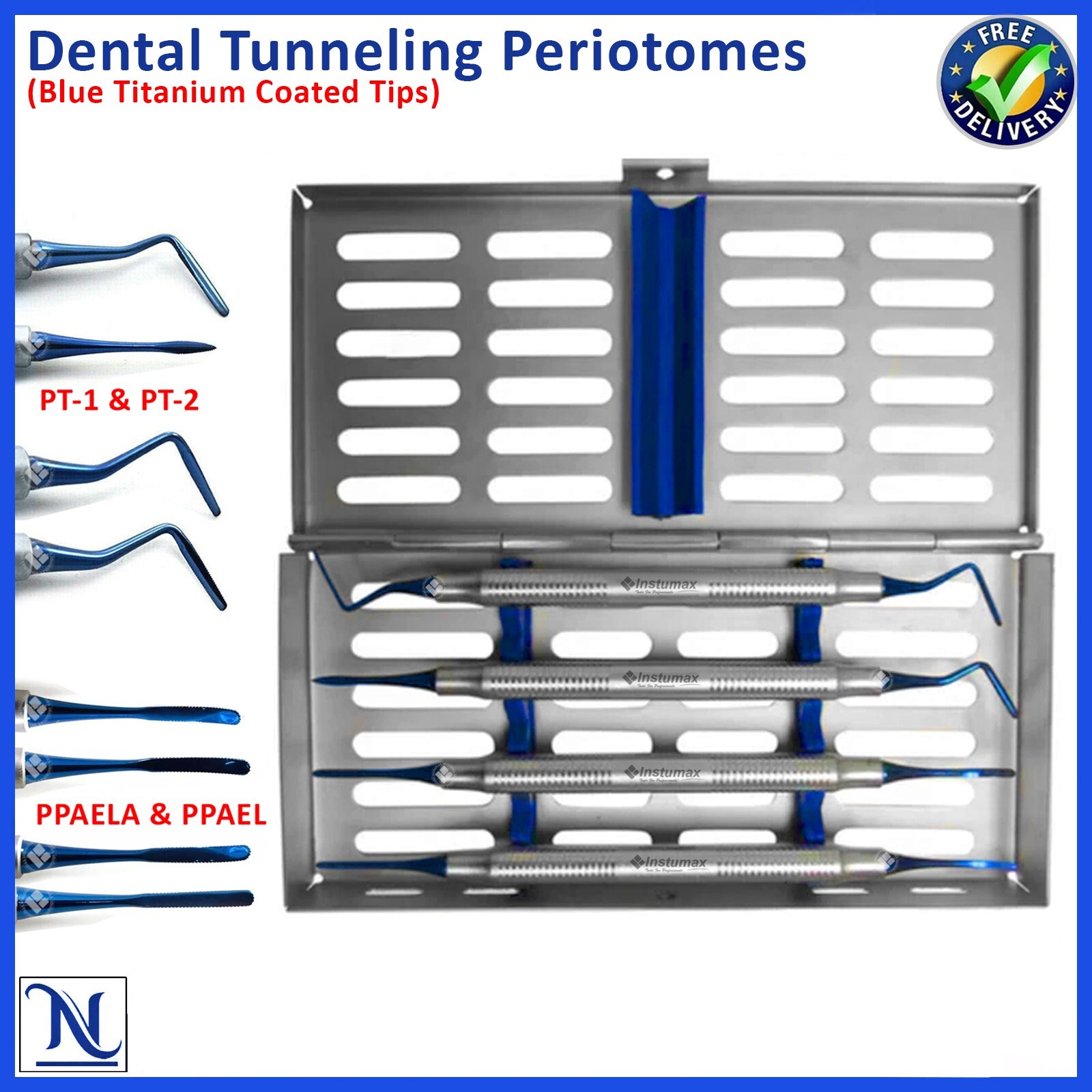Periotome PPAEL Double Ended PT-1, PT-2 Serrated, Blue Coated Periodontal Set