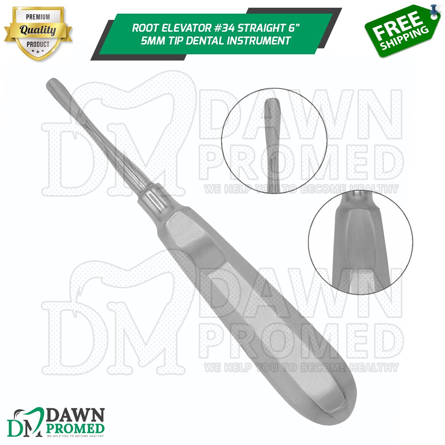 Root Elevator #34 6″ Straight 5mm Tip Extracting Surgical Dental Instrument