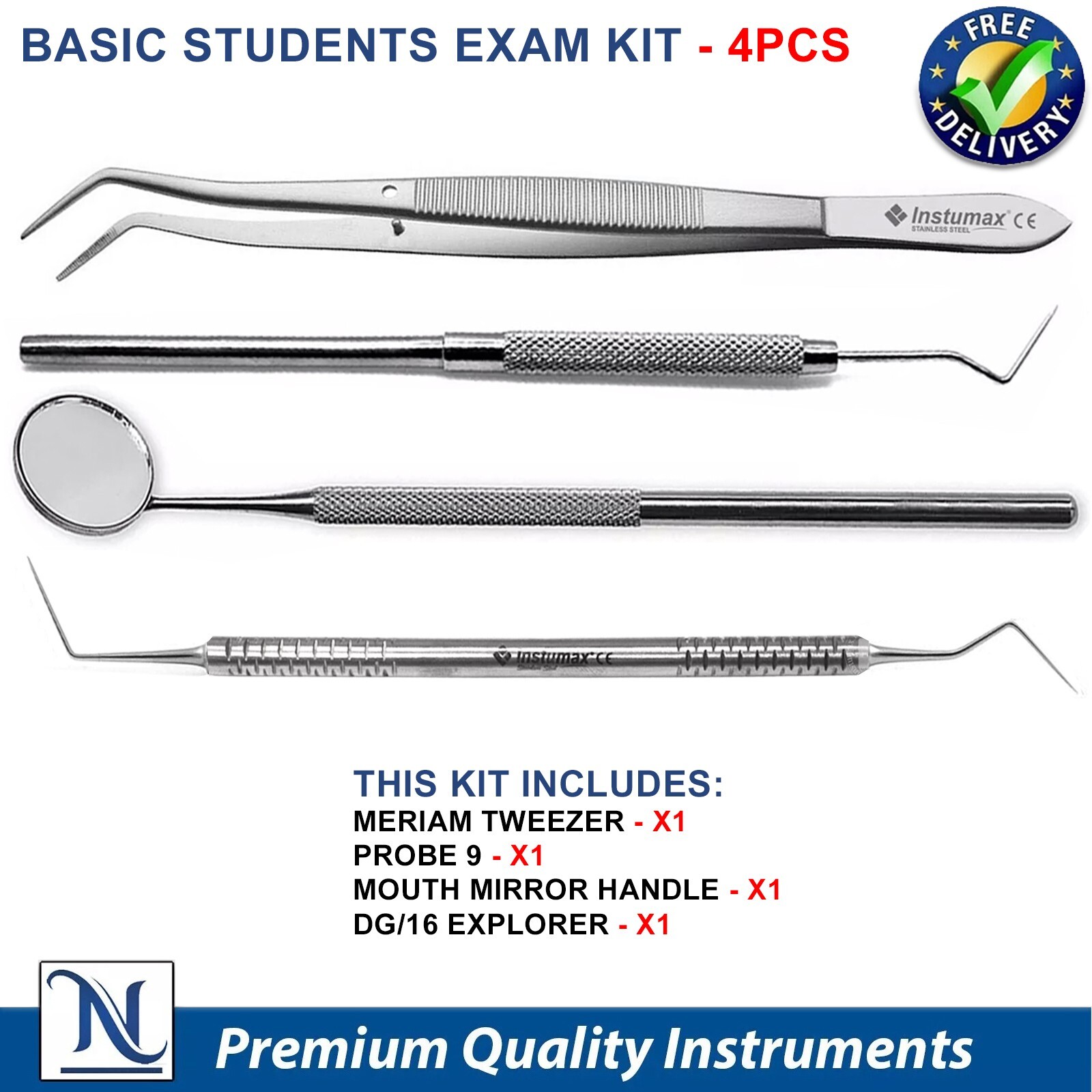 Dental Students Basic Exam Kit 4Pcs Cotton Forceps Probe 9 DG-16 Mirror Handle