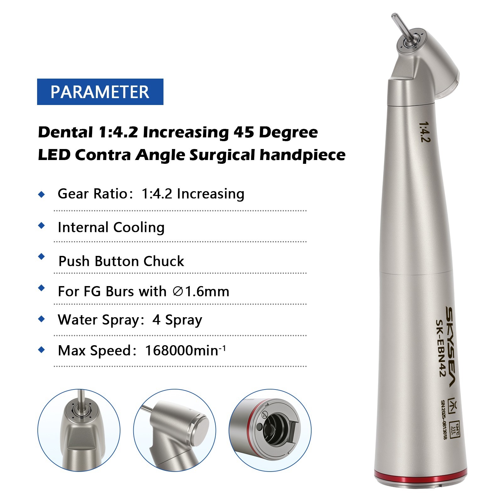 Dental 1:4.2 Increasing 45 Degree LED Contra Angle Internal Handpiece SKYSEA