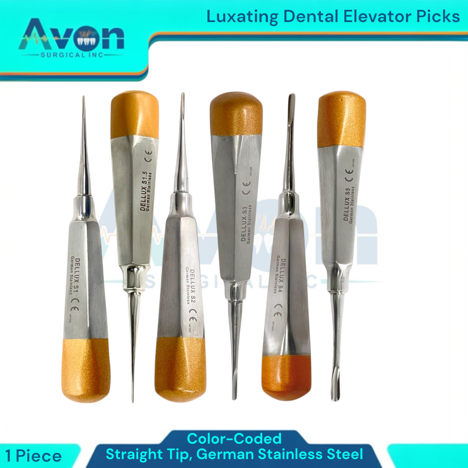 Root Extraction Luxating Elevator, Straight Tip, Gold Color Hollow Handle, 1 Ct