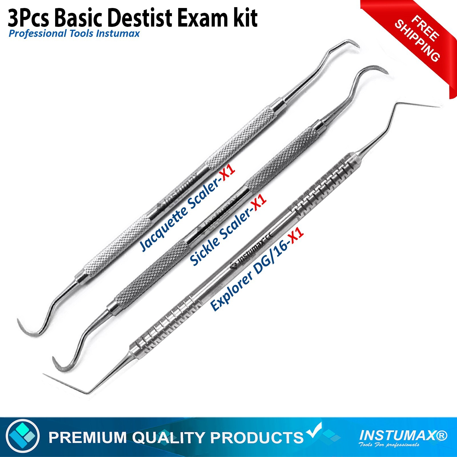 3Pcs Dentist Exam Choice Tools Set Jacquette Scaler Sickle Scaler Explorer DG-16