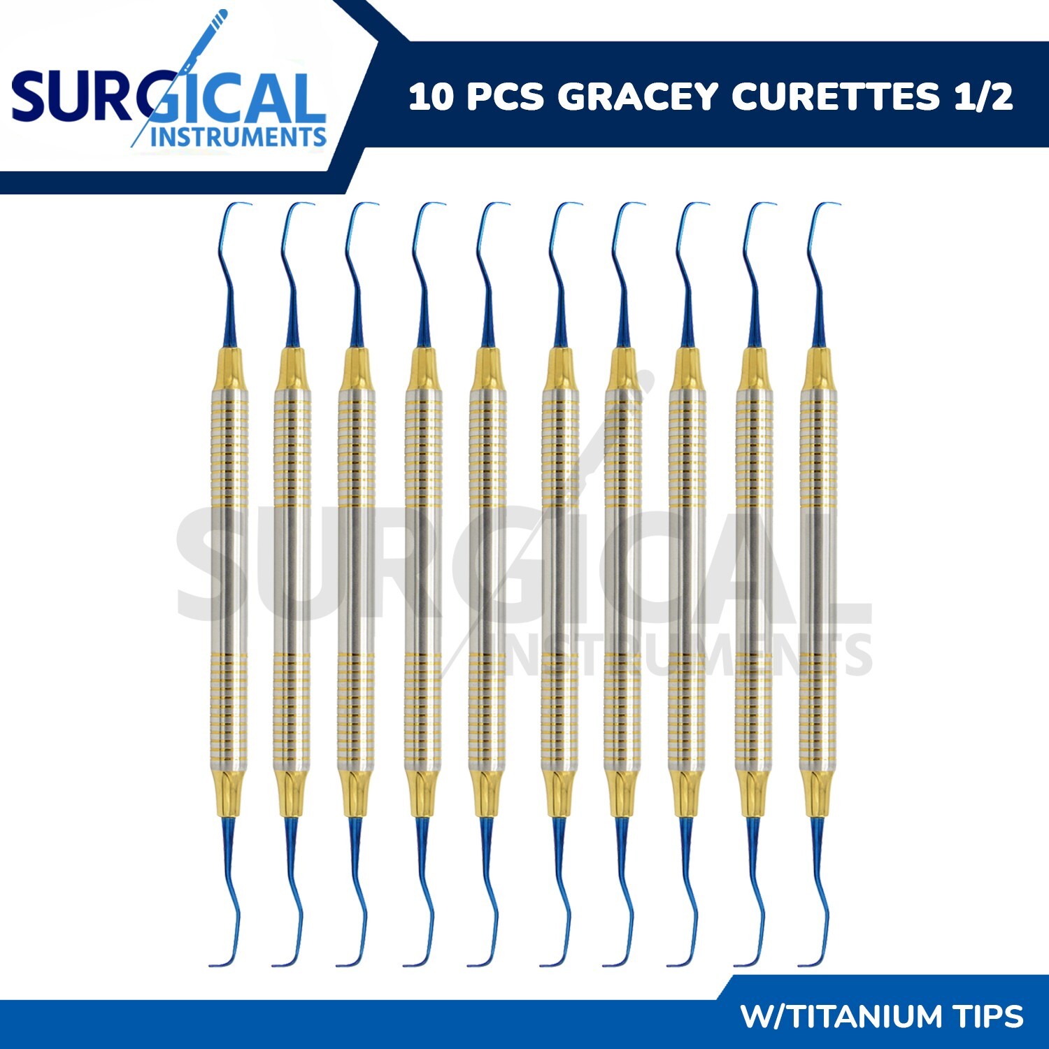 10 Pc Dental Gracey Curettes 1/2 Titanium Coated DE with Hollow Handle German GR