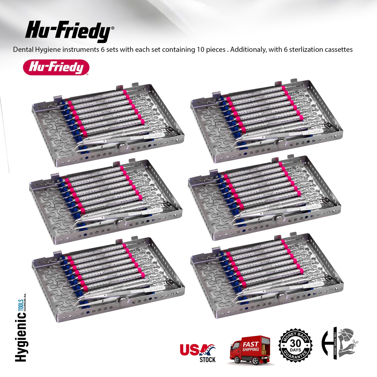6x Hu Friedy Dental Hygiene Instruments Set of 10 PCS With Sterlization Cassette
